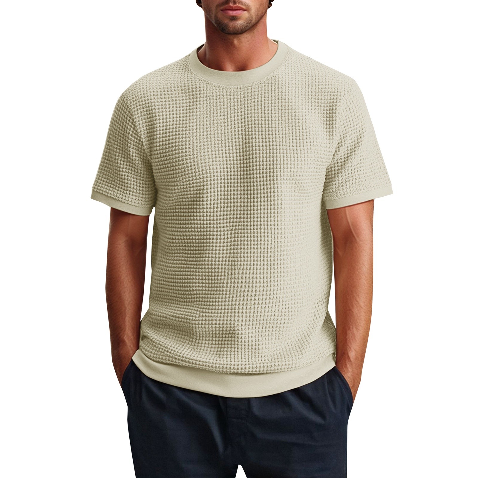 thumbnail image 2 of Camiseta de manga corta de punto para hombre - Color liso, diseño acanalado, deportiva informal - S-XXL, 2 of 6